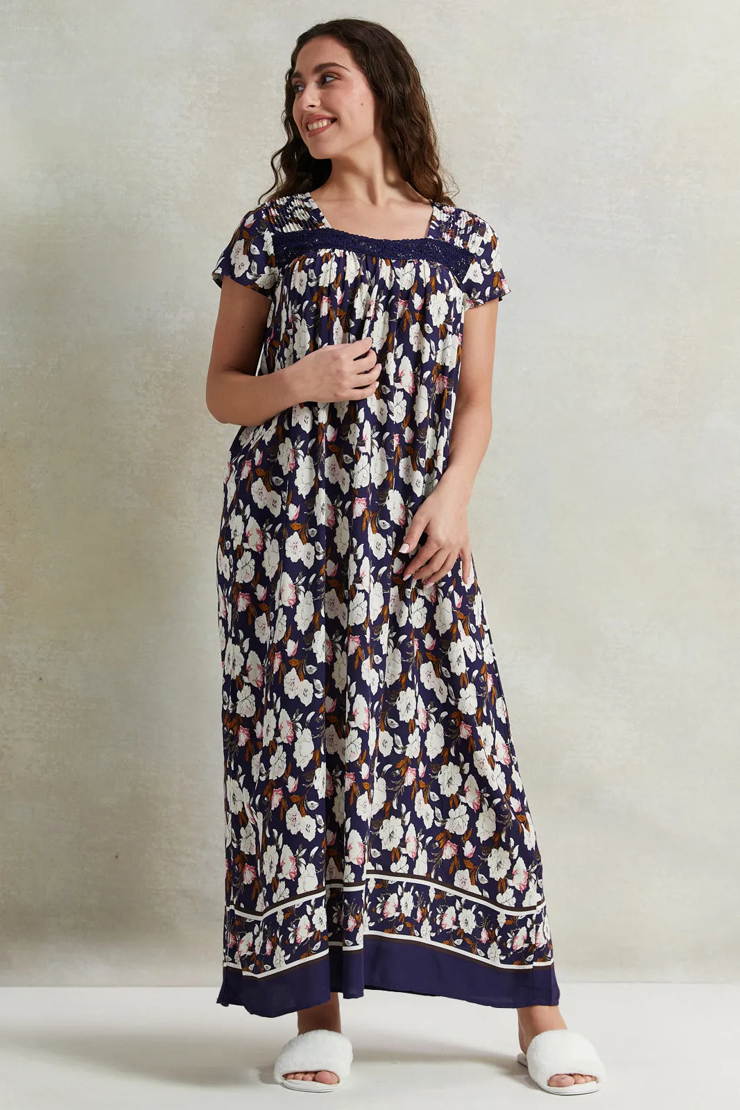 Women Navy Lace Short Sleeves Nightgown