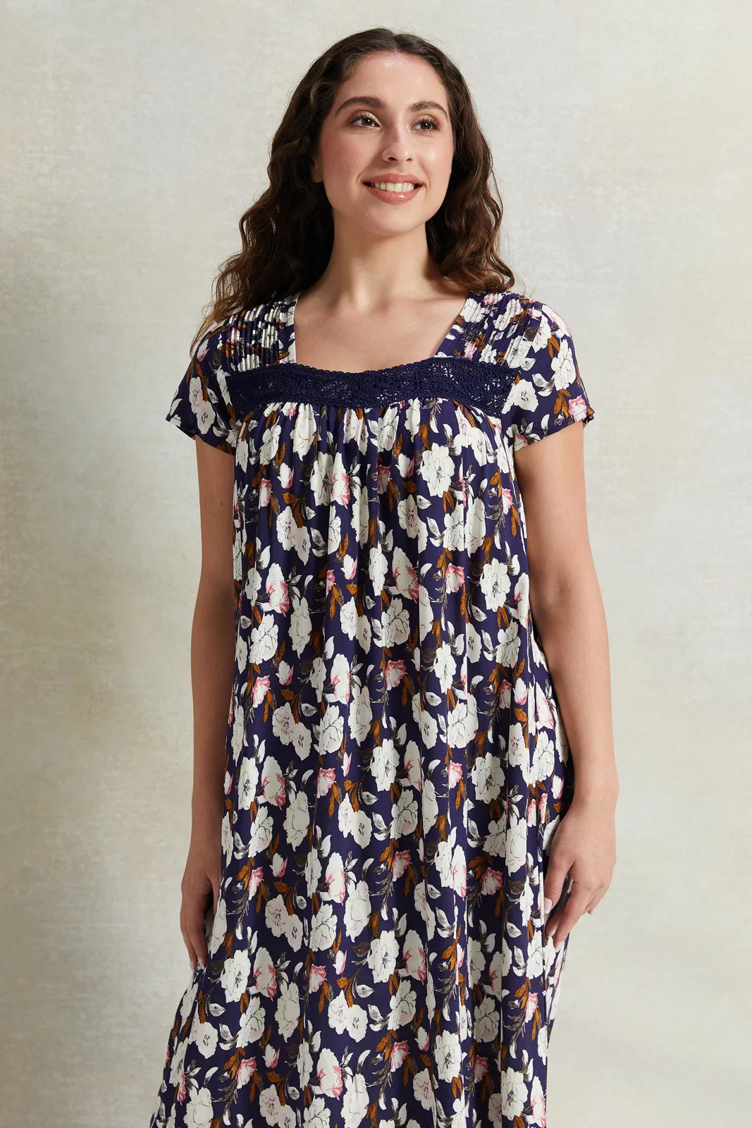 Women Navy Lace Short Sleeves Nightgown