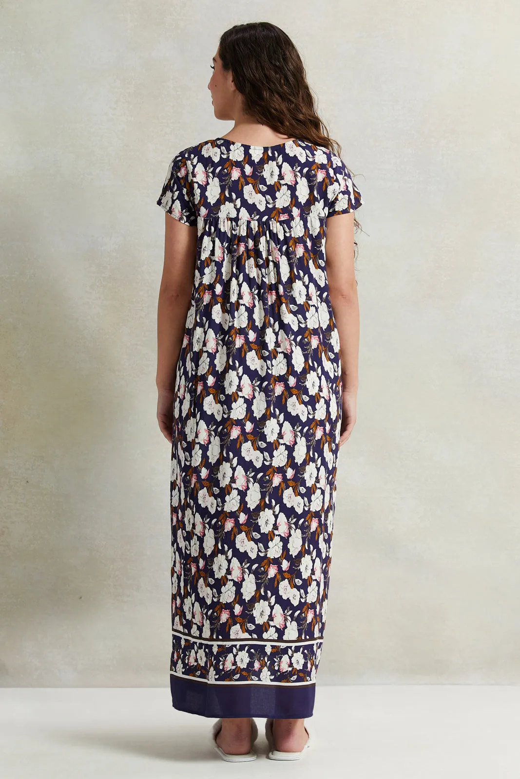 Women Navy Lace Short Sleeves Nightgown