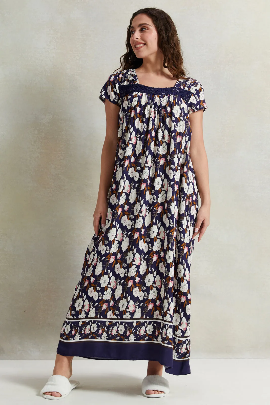 Women Navy Lace Short Sleeves Nightgown