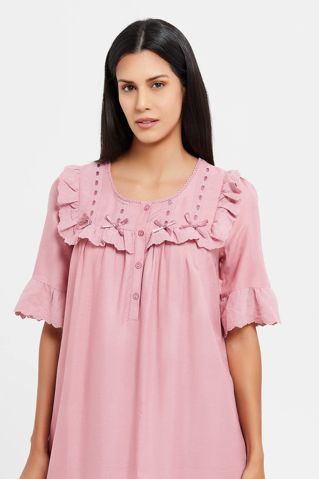 Women Pink Embellished Ruffle Nightgown