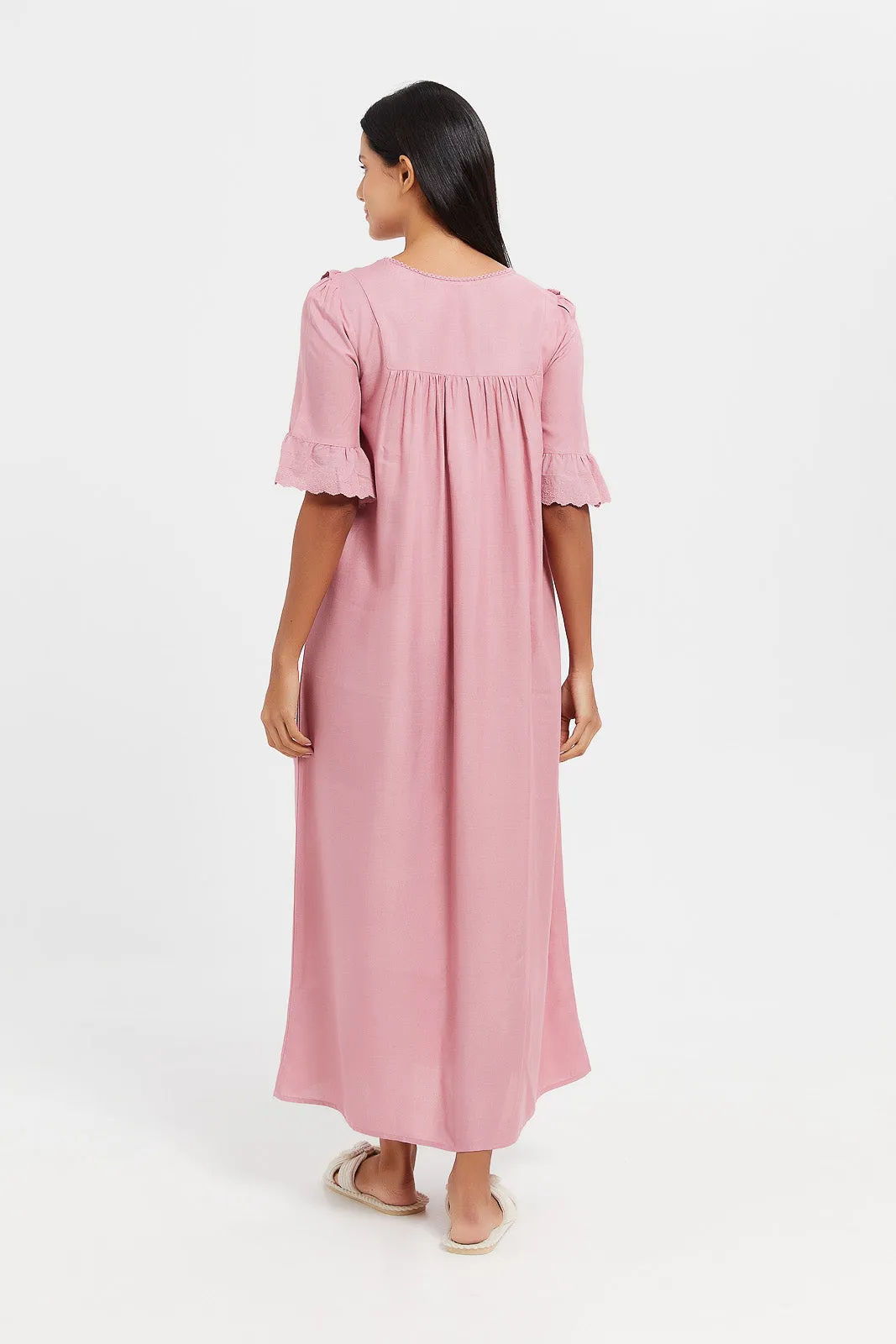 Women Pink Embellished Ruffle Nightgown
