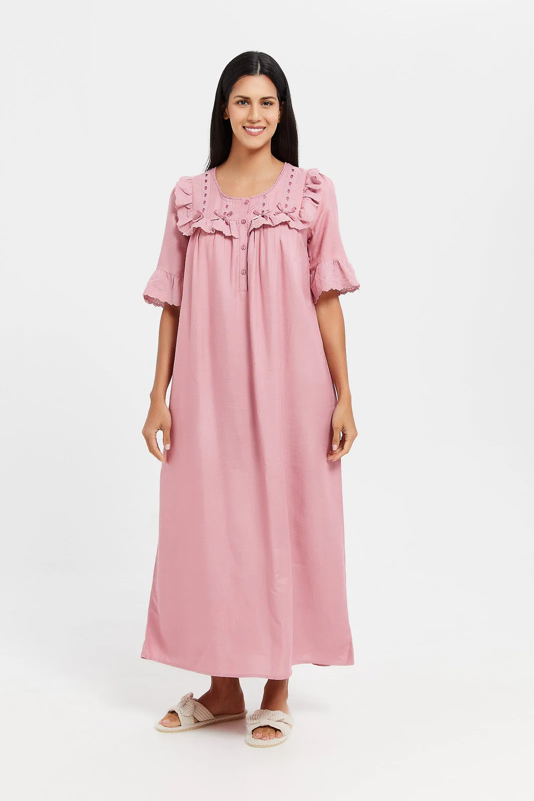 Women Pink Embellished Ruffle Nightgown